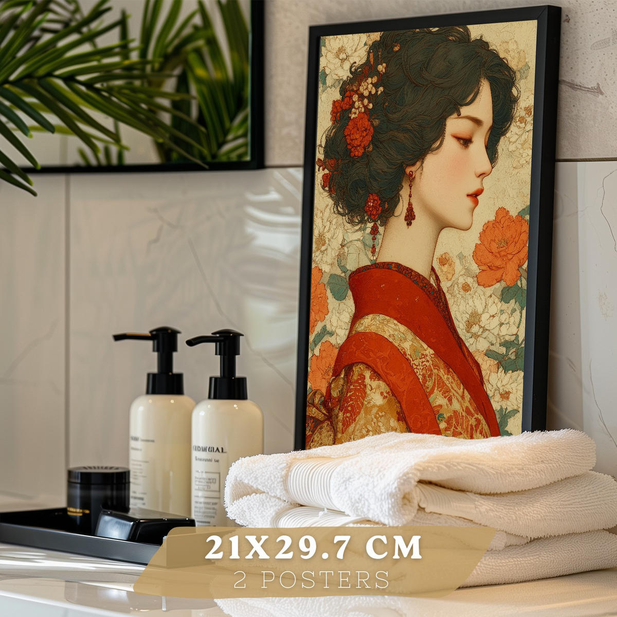 PLAKÁT Sada 2 dekorativních koupelna-Kunstdrucke japonském pro hůlku Sprcha Toilette und koupelna mit Orientalischem Drachen und Frau Black frame A4 - černá, papír (29.7/21/3cm) - Nacnic