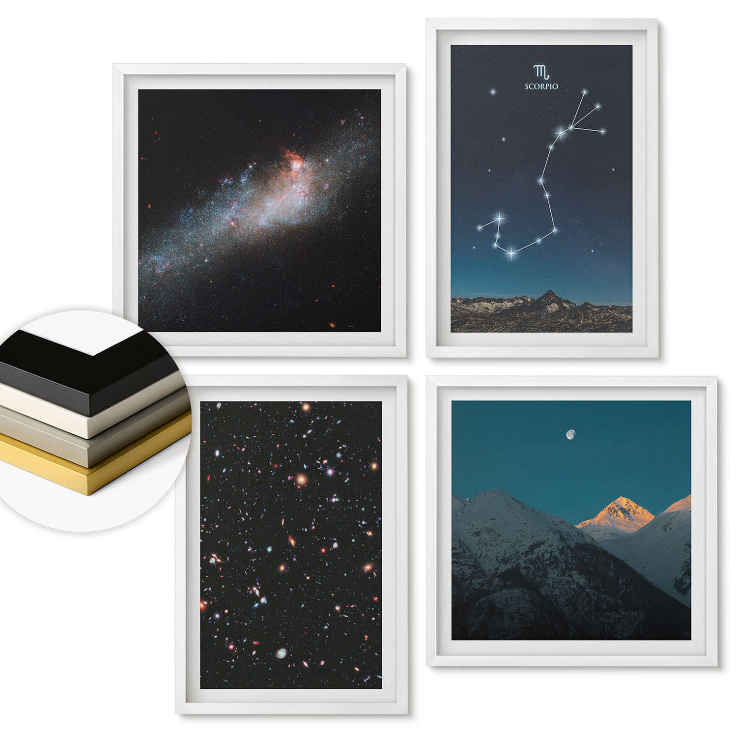 WANDBILDER 4er-Set - 50x50 cm & 40x60 cm Weißer Rahmen - Weltraumlandschaften von Galaxien - Weiß, Kunststoff (50/50cm) - ArtPrintCave