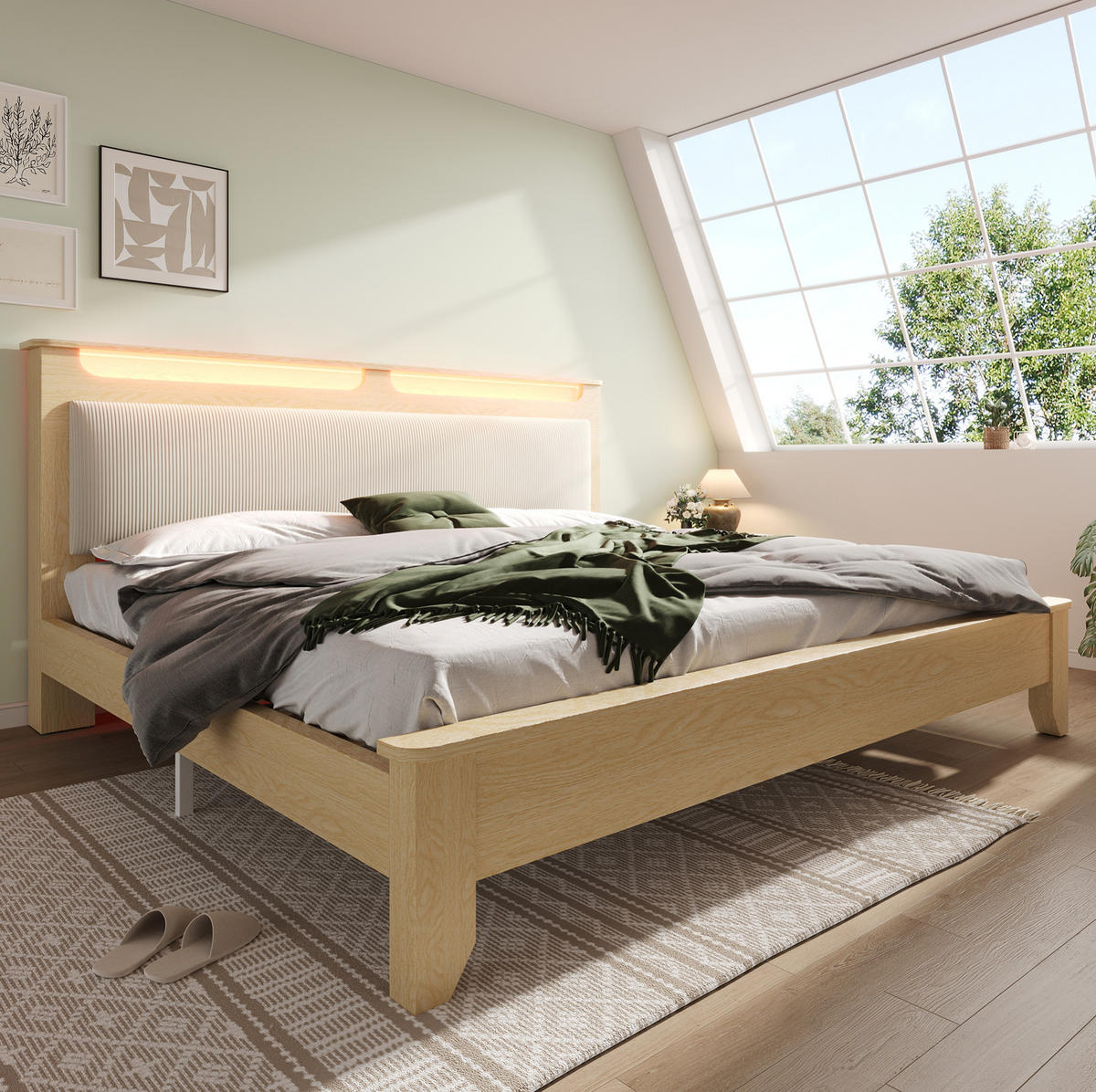 POLSTERBETT 160/200 cm Beigefarbenes Cord mit LED-Beleuchtung und Stauraum aus heller Eiche Mit Matratze - Beige, Textil (160/200cm) - OKWISH