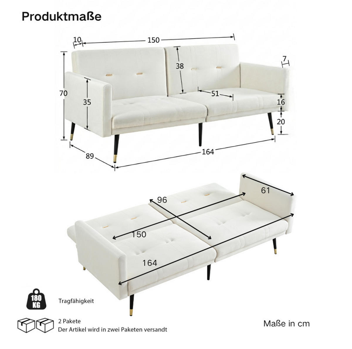 SCHLAFSOFA 2-Sitzer klappbar Samt Beige - Beige, Holzwerkstoff (164/70/89cm) - Meubliv