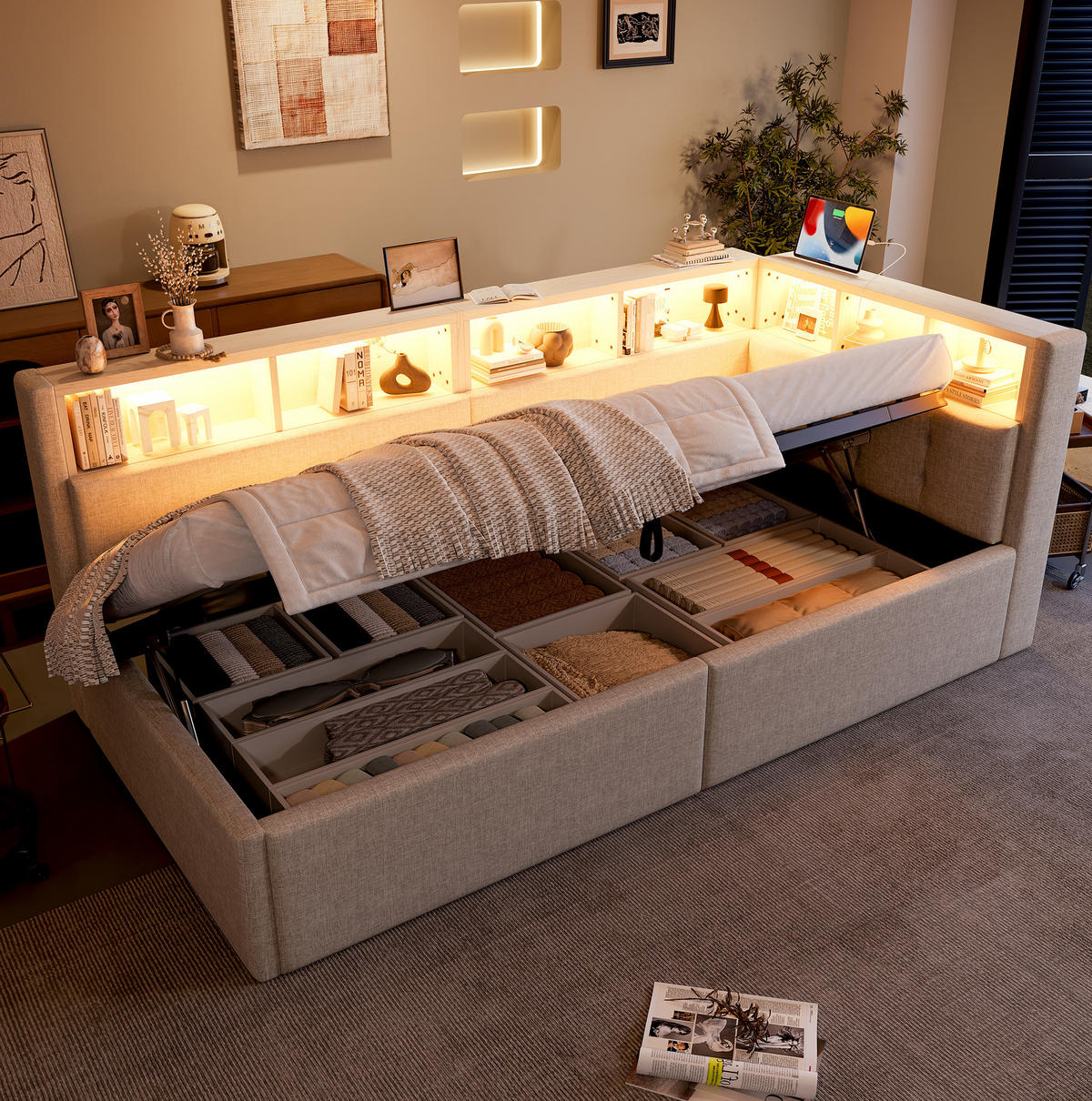 TAGESBETT aus Leinen und MDF 90x200 cm Beige mit LED-Beleuchtung, USB-/Typ-C-Anschlüssen und hydraulischem Bettkasten - Beige, Textil (90/200cm) - Modfu