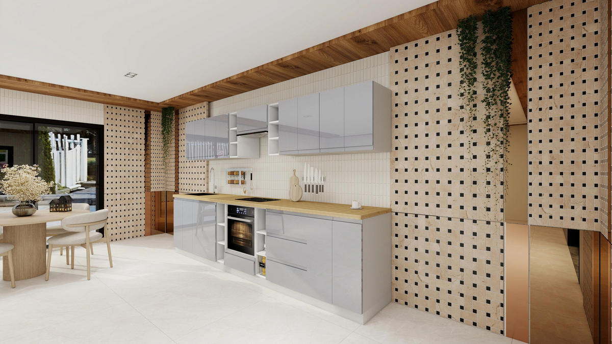 KÜCHENZEILE 340 cm - Aspen KA14-M340- in Grau/Hochglanz - Grau, Holz (340/212/52cm)