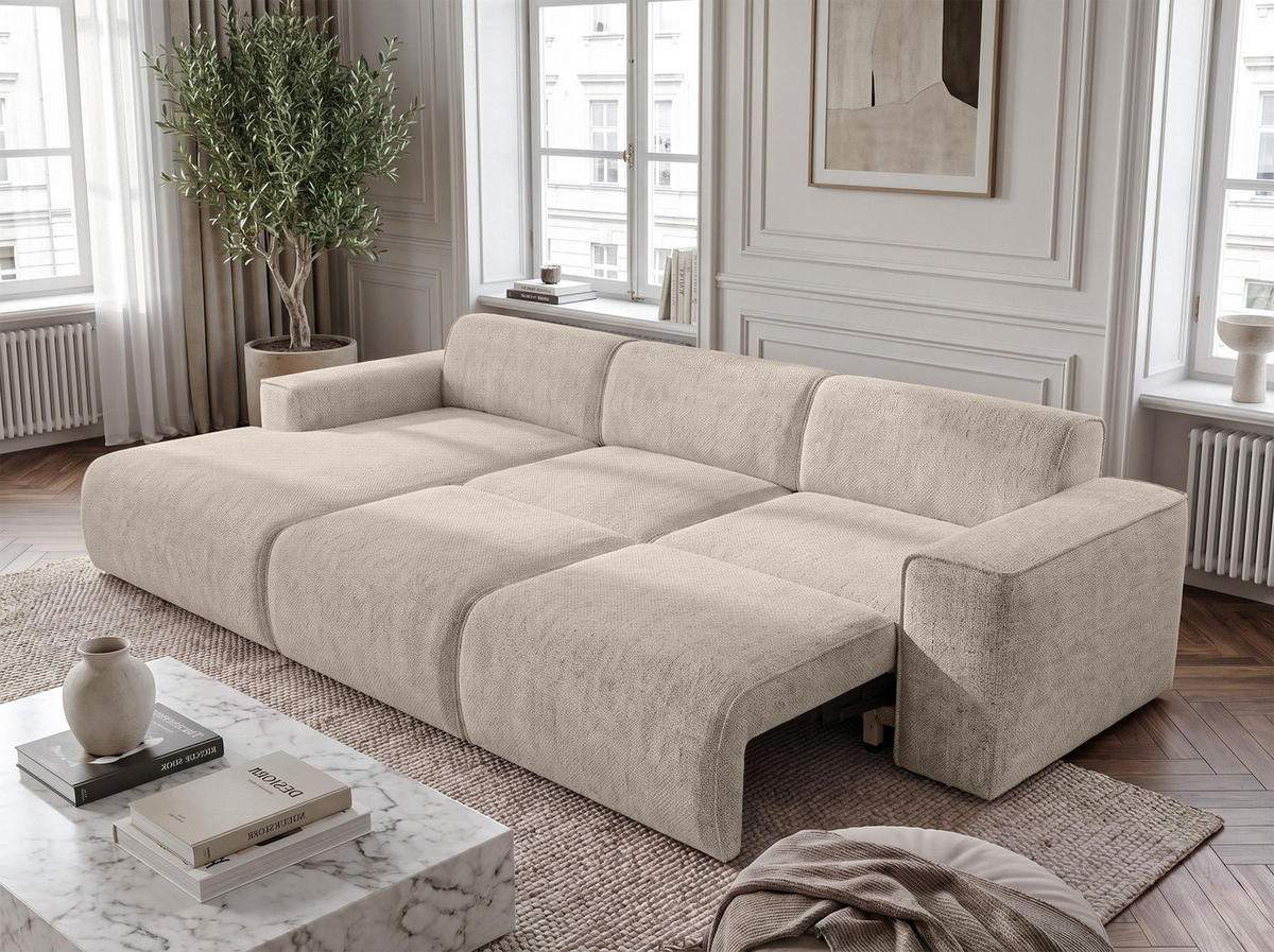 ECKSOFA L Form Ruyam Creme 310/165/78 cm – Schlaffunktion Links - Creme/Schwarz, Kunststoff/Textil (170/310cm) - AX Living