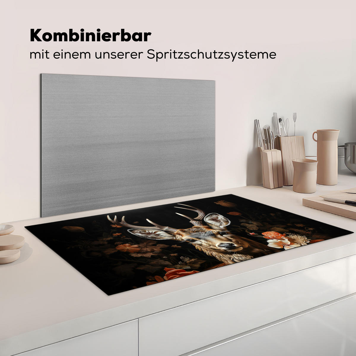 KRYT NA INDUKČNÍ DESKU Jelen - Zvíře - Květiny - Příroda - Botanický 91.6x52.7 cm - měděná, plast (91.6/52.7/0.2cm) - MuchoWow