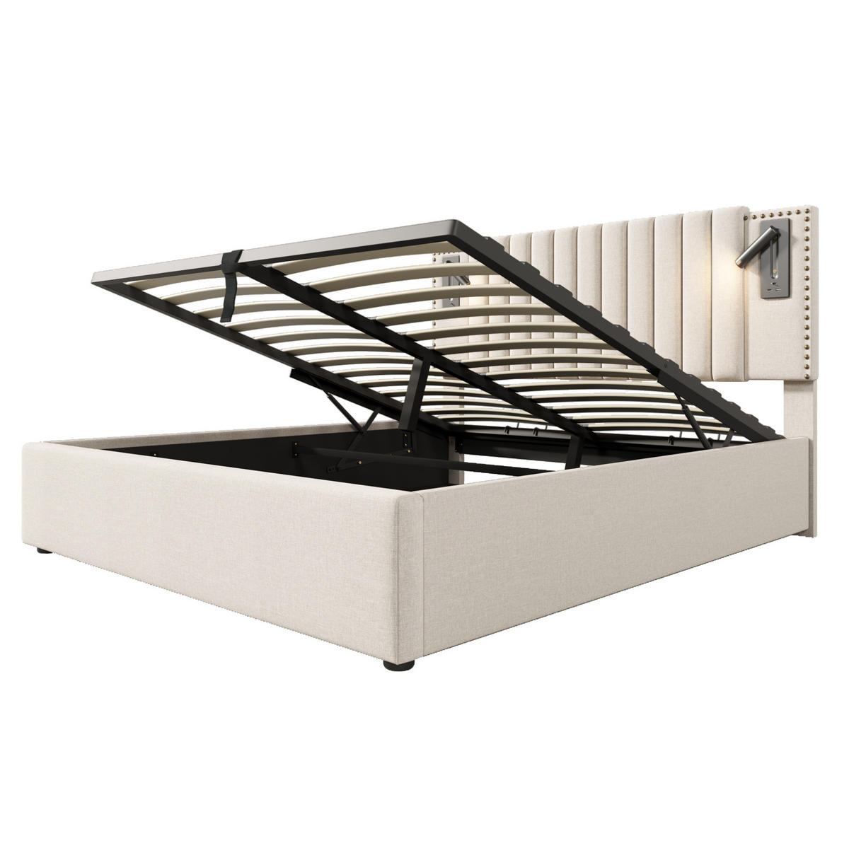 BETT mit Bettkasten 140x200 cm Baumwolle Beige - Beige, Metall (140/200cm) - Meubliv