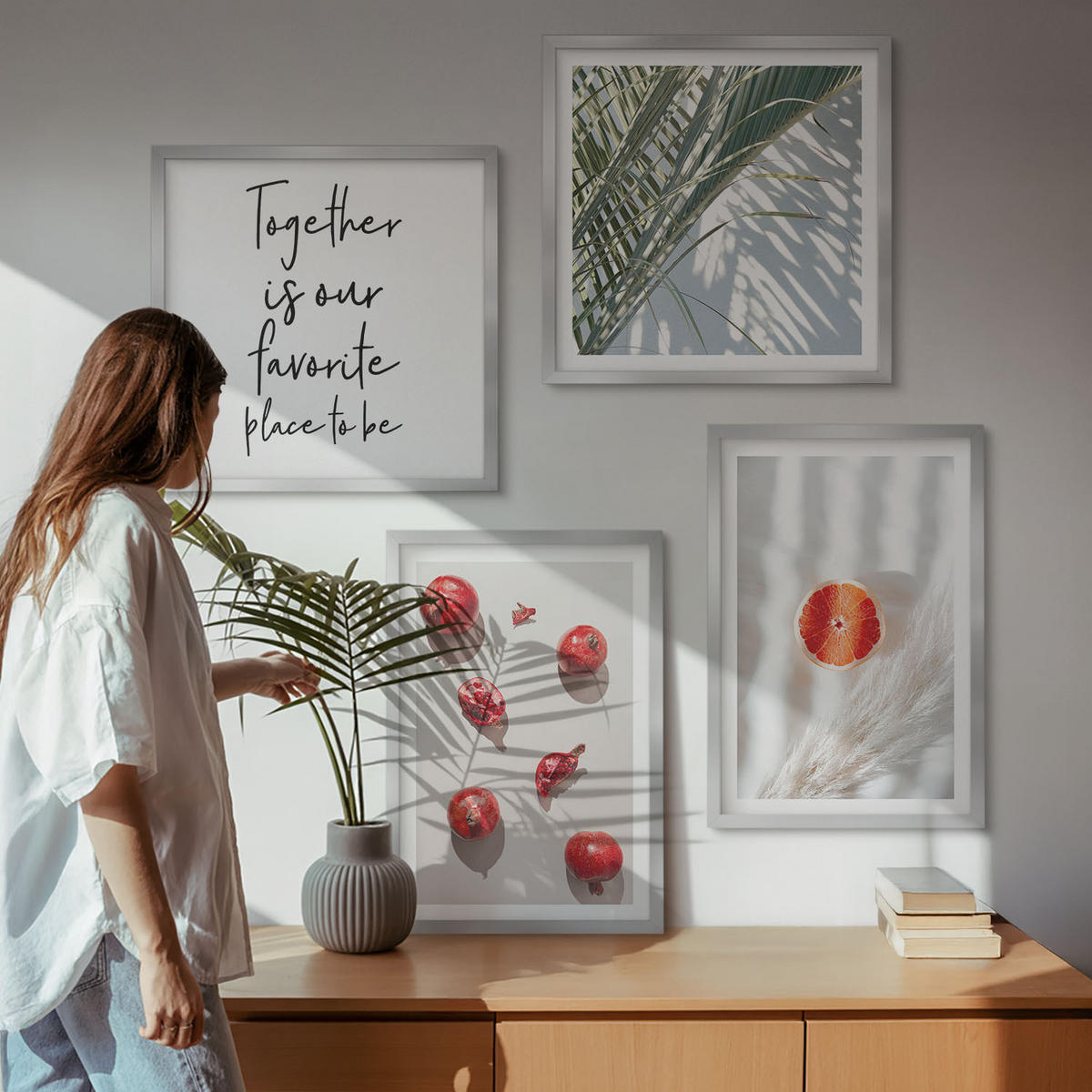 BILDER SET 4er Set - 50x50 cm & 40x60 cm Silberner Rahmen - Feiertags-Palmenfrucht-Inschrift - Silberfarben, Kunststoff (50/50cm) - TULUP