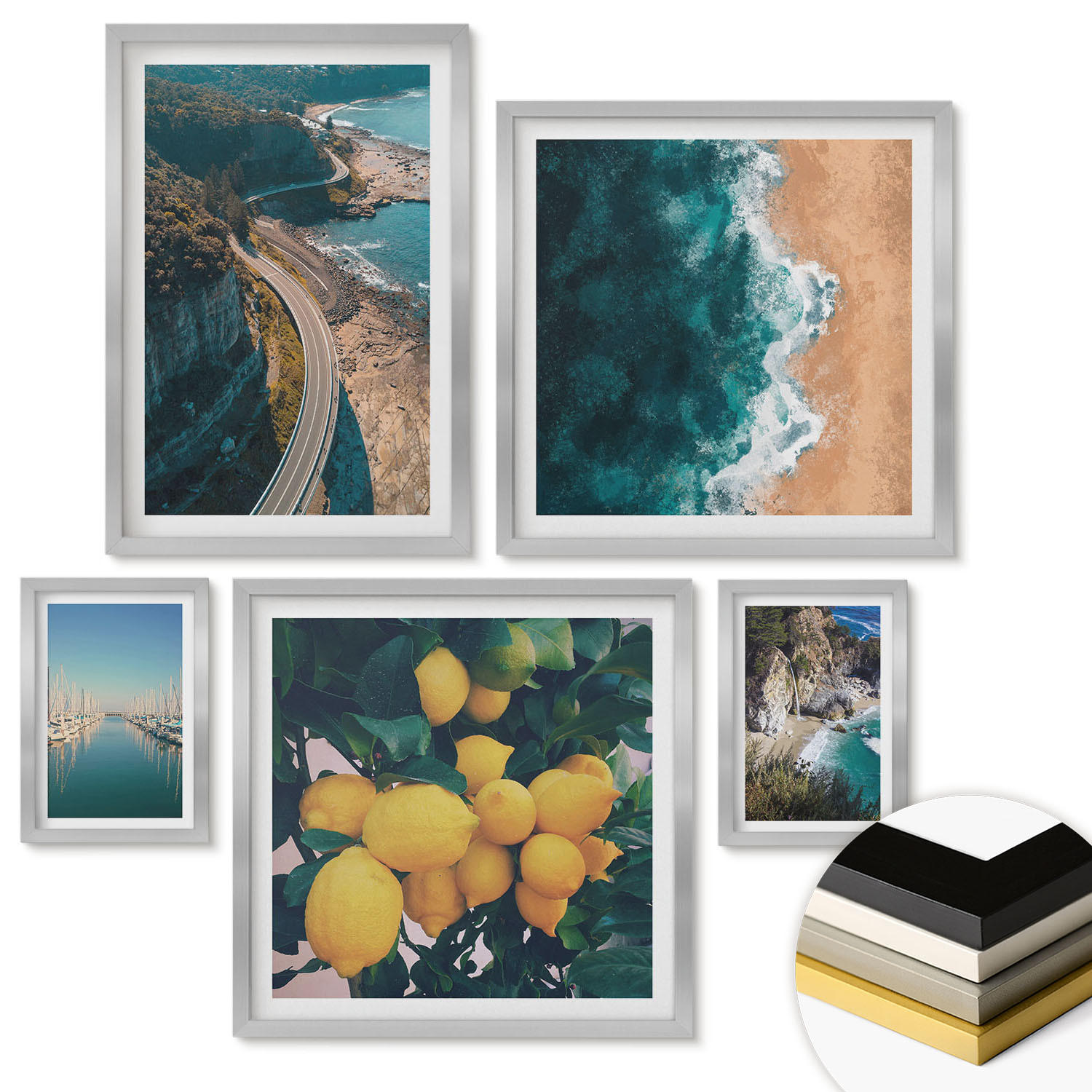 WANDBILDER 5er Set - 50x50 cm & 20x30 cm & 40x60 cm Silberner Rahmen - Straßen am Meer, ein Meer aus Zitronen - Silberfarben, Kunststoff (40/60cm) - ArtPrintCave
