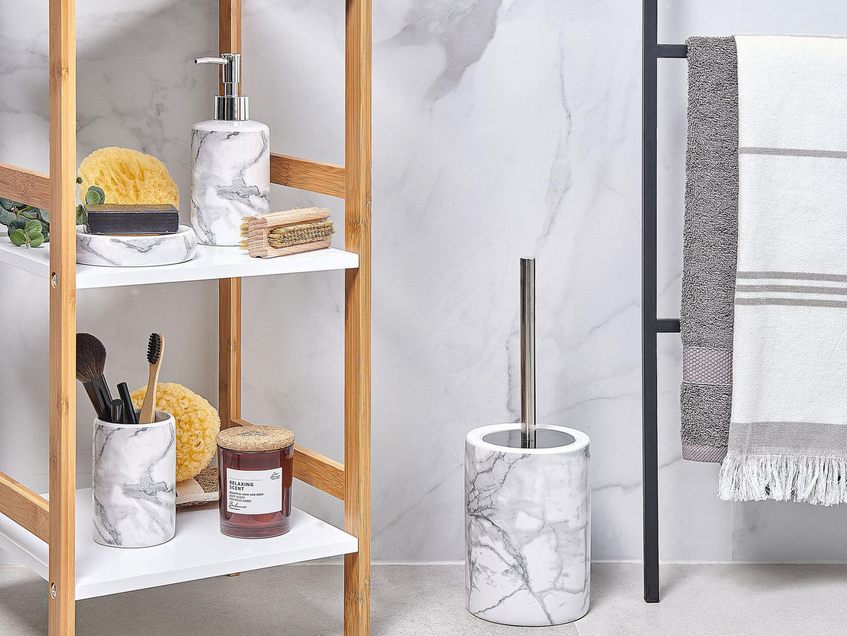 BADEZIMMER Set 4-teilig Keramik Marmoroptik Arauco - Weiß, Keramik (12/35/12cm) - Beliani