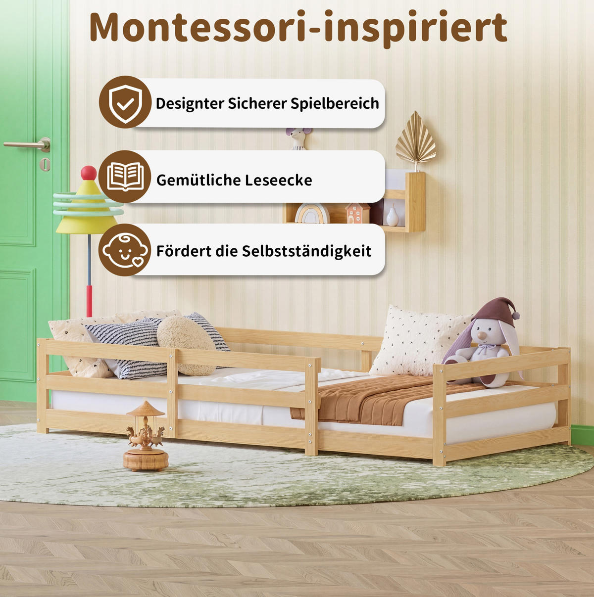 KINDERBETT 90/200 cm aus Kiefer massiv mit 4-seitiger Sicherheitsumrandung Natur - Naturfarben, Holz (90/200cm) - Modenvie