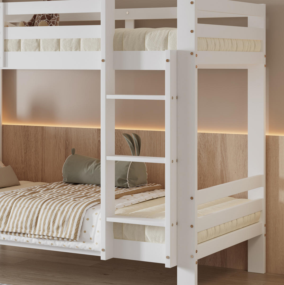 ETAGENBETT 90/200 cm in Weiß mit Regalen und rechtwinkliger Leiter - Weiß, Holzwerkstoff (90/200cm) - BEAOK
