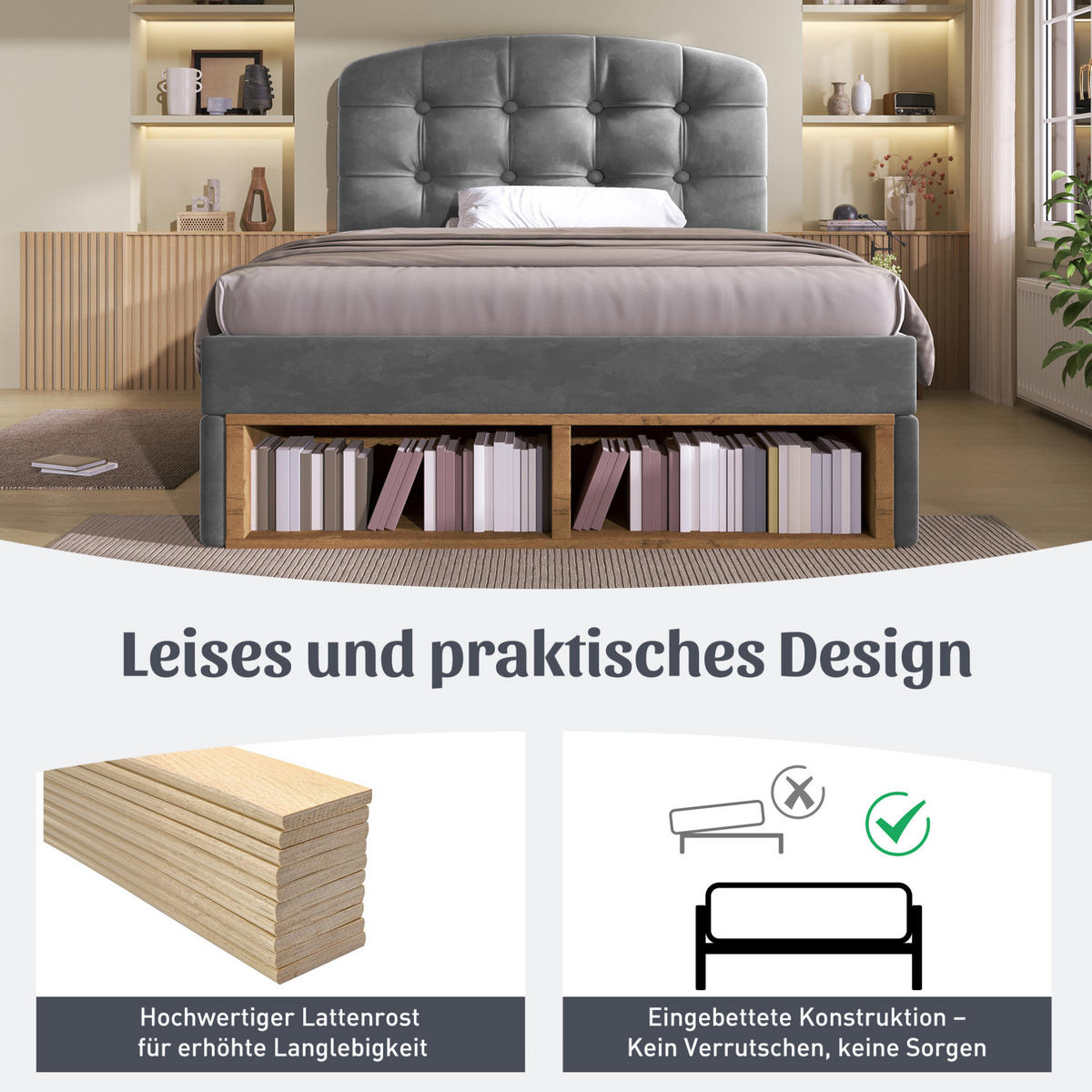 POLSTERBETT 90/200 cm mit höhenverstellbarem Kopfteil, Schubladen und Stauraum, Grau - Grau, Textil (90/200cm) - Redom