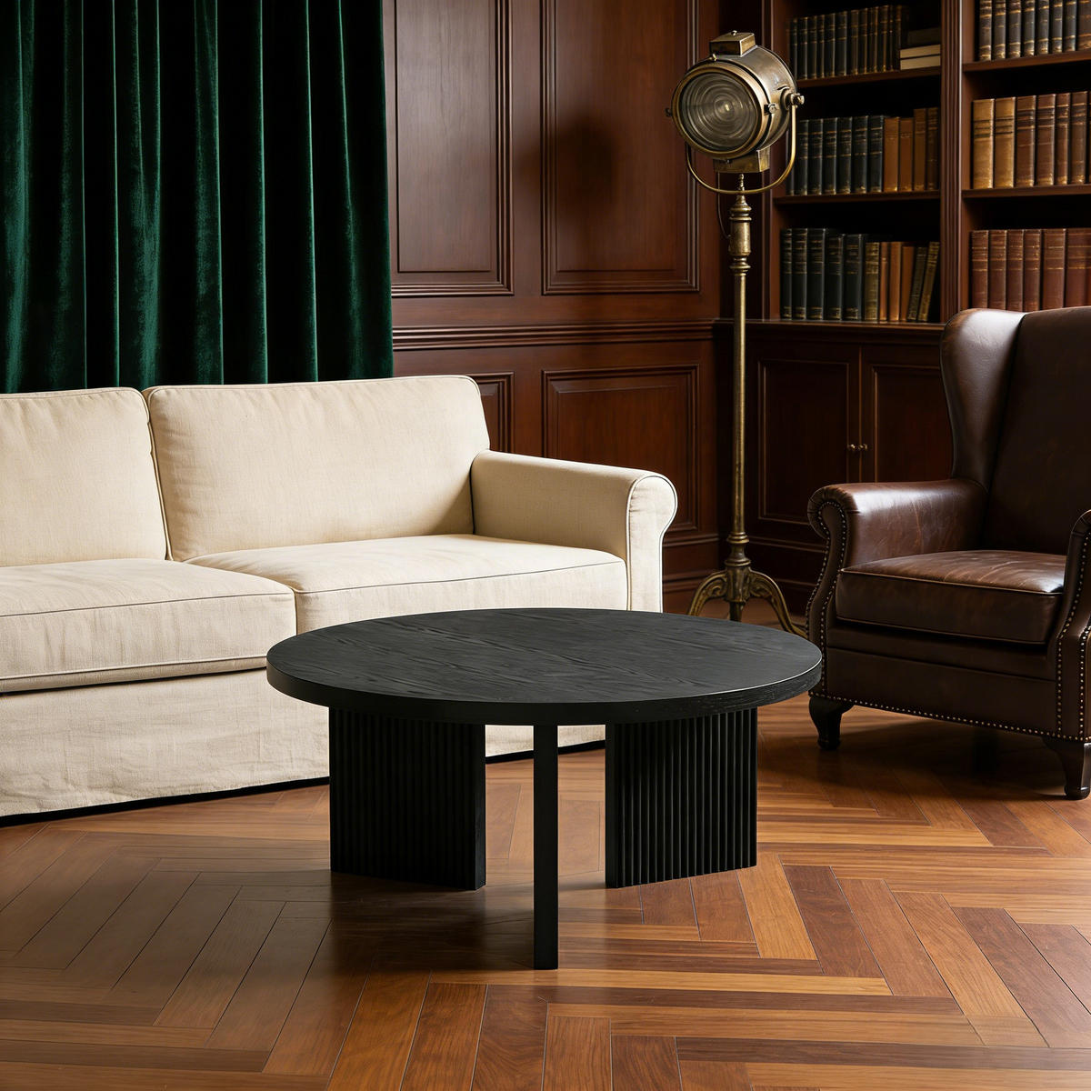 COUCHTISCH rund mit Rillenstruktur Walnussbraun 80/80/42 cm - Schwarz, Holzwerkstoff (80/80/42cm)