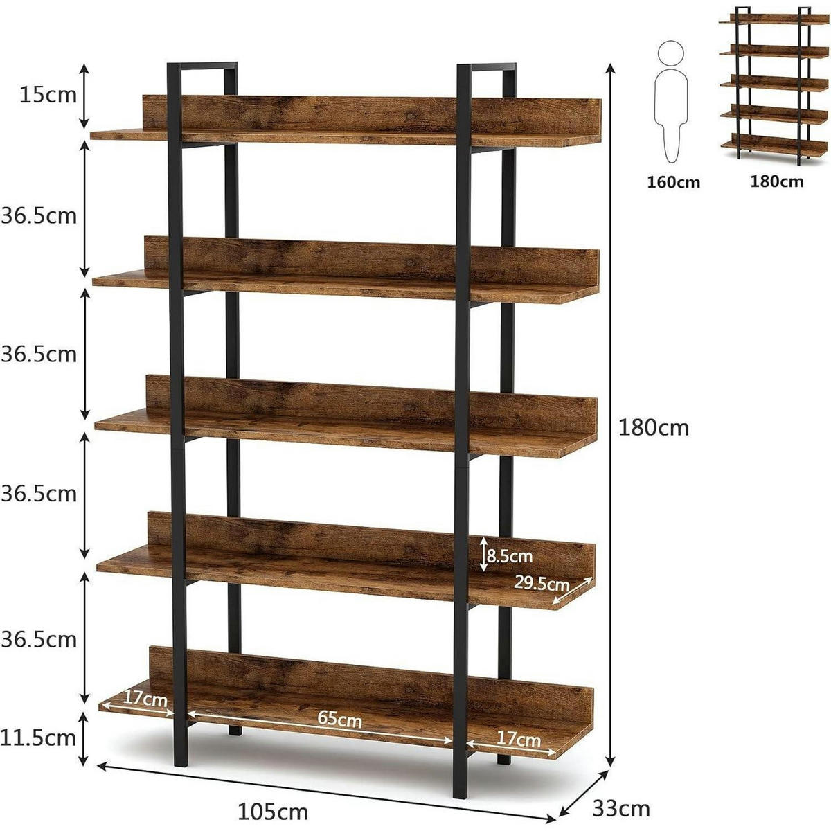 BÜCHERREGAL 5 Ebenen Industrie Vintage 105 x 29,5 x 180 cm - Braun, Holzwerkstoff (105/180/33cm)