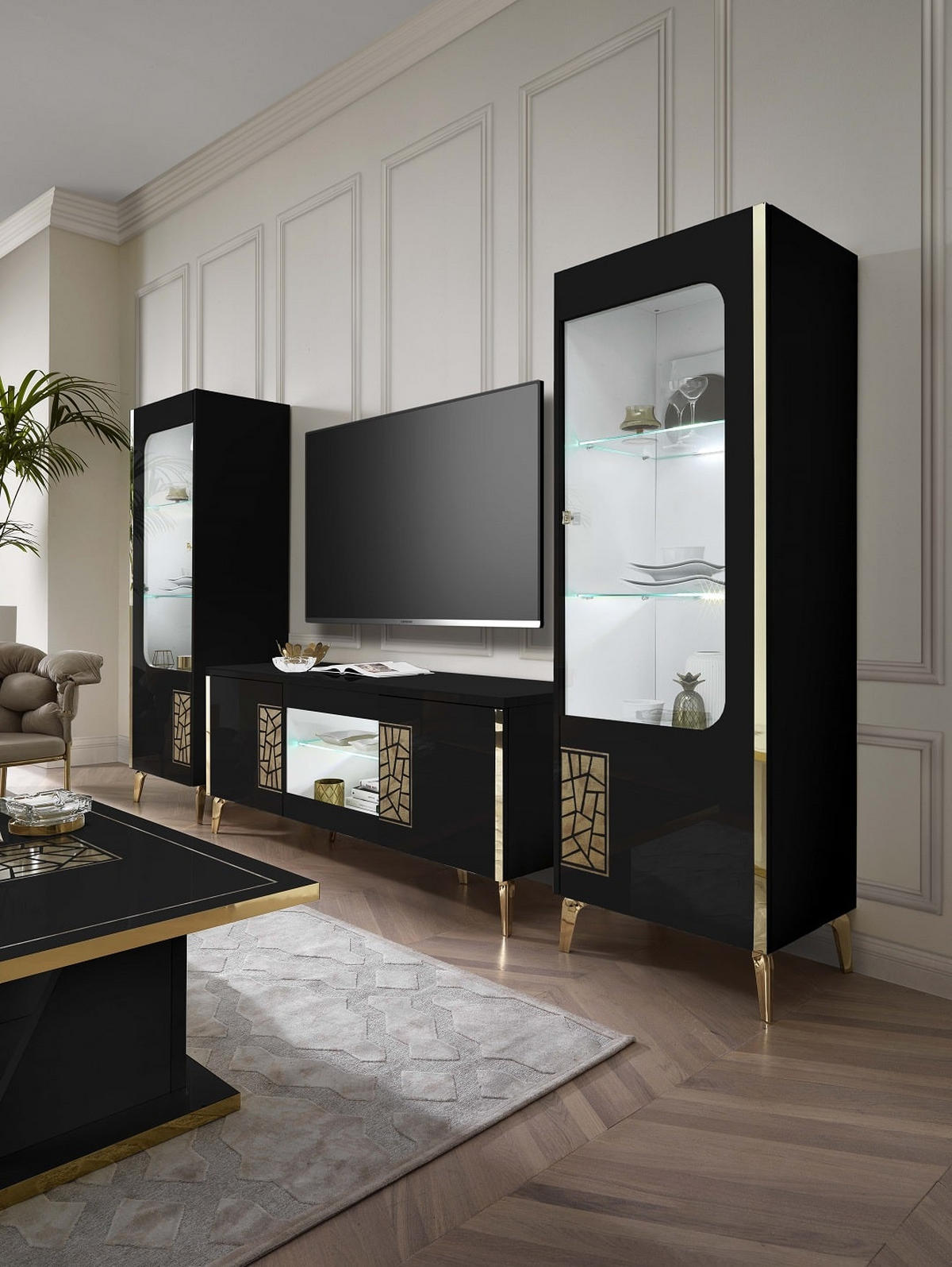 COUCHTISCH STELLA in Schwarz/Gold - Schwarz Hochglanz/Goldfarben, Holzwerkstoff (60/110/44cm) - Interdesign24