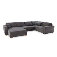 WOHNLANDSCHAFT Schlaffunktion Bettkasten Wellenunterfederung, spiegelverkehrt montierbar U-Form B379/T227/H86 cm, Cord Grau Anthrazit / 15198 - Schieferfarben/Eichefarben, Holz/Textil (379/86/227cm) - luma-home