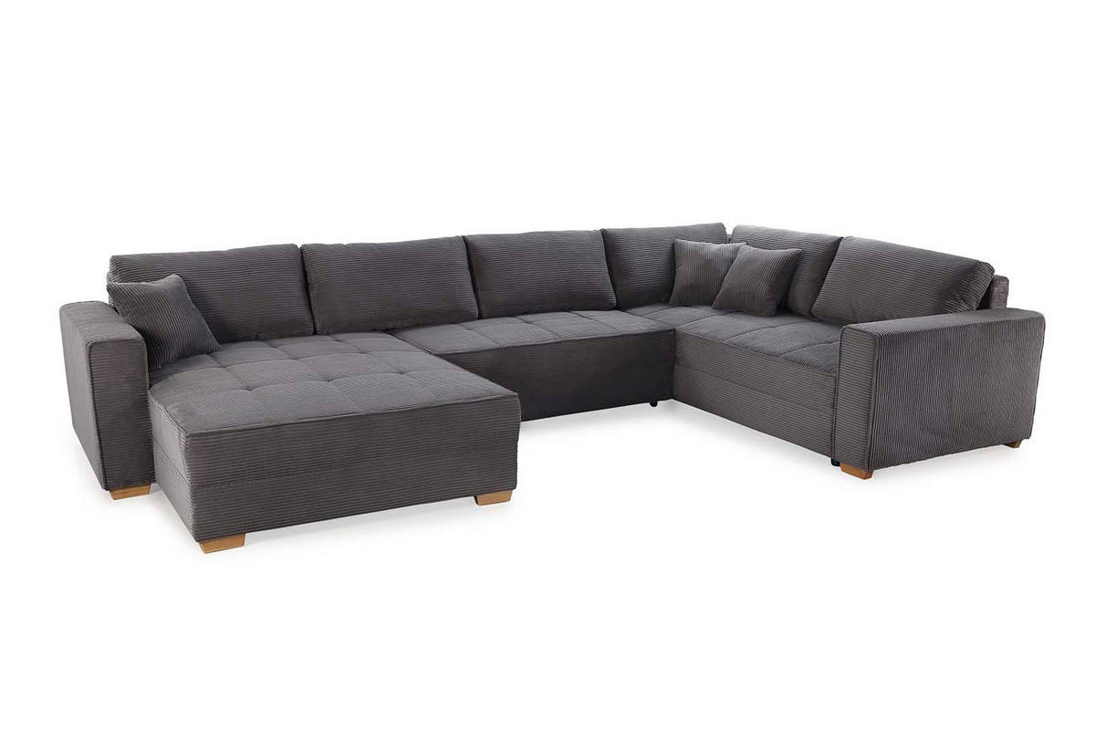 WOHNLANDSCHAFT Schlaffunktion Bettkasten Wellenunterfederung, spiegelverkehrt montierbar U-Form B379/T227/H86 cm, Cord Grau Anthrazit / 15198 - Schieferfarben/Eichefarben, Holz/Textil (379/86/227cm) - luma-home