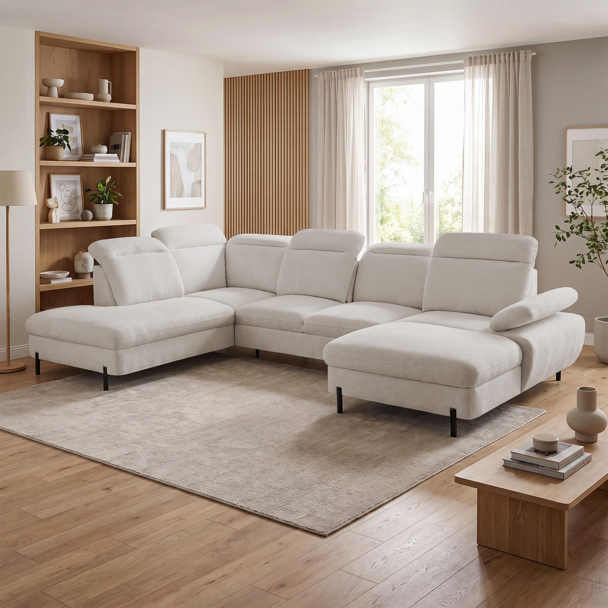 WOHNLANDSCHAFT Sora U mit Schlaffunktion und verstellbarer Sitztiefe, Kopfstützen und Armlehne, 365 cm, Beige, Rechts - Beige/Schwarz, Textil (365/107/235cm) - Beautysofa