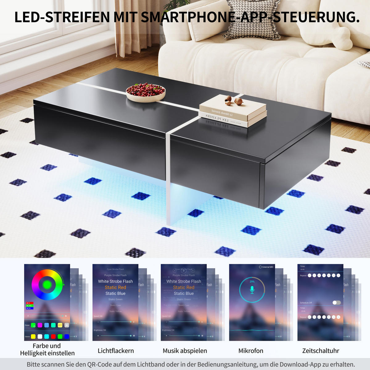COUCHTISCH Schwarz Hochglanz mit LED, Stauraum und Schubladen - Schwarz, Metall (100/50/34cm)