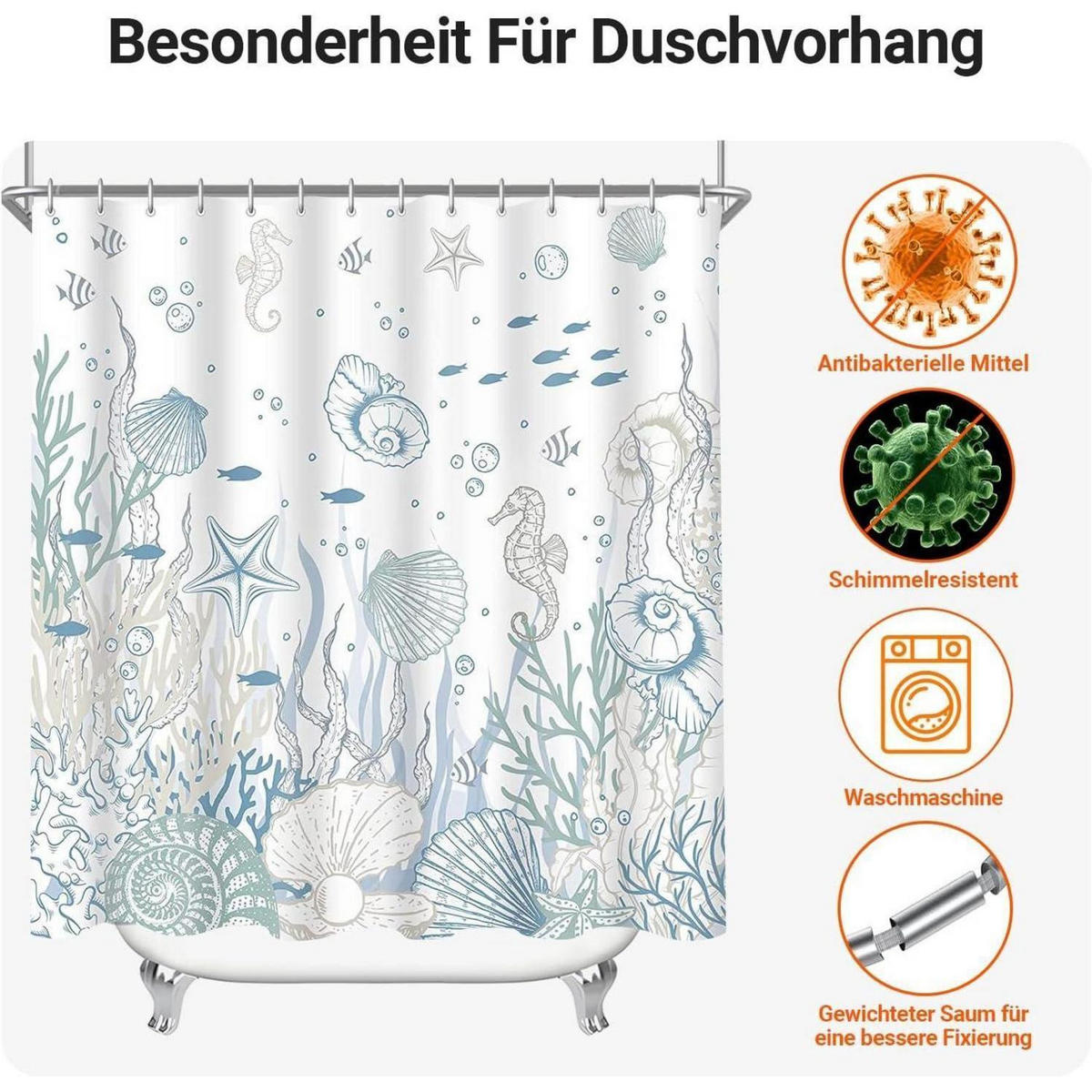 DUSCHVORHANG U-Boot Seepferdchen 100 x 200 cm Textil Wasserabweisend - Multicolor, Textil (100/200cm)