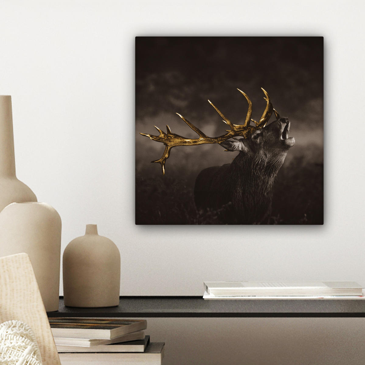 LEINWANDBILD Rotwild - Schwarz - Gold Deko Wohnzimmer 20x20 cm - Braun, Textil (20/20cm) - MuchoWow