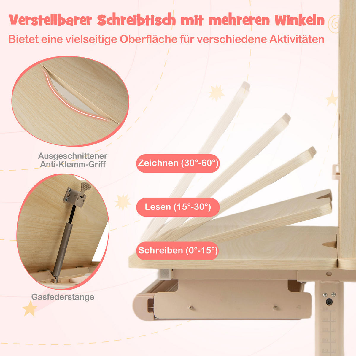 KINDERSCHREIBTISCH höhenverstellbar rosa - Pink, Metall (100/111/60cm) - COSTWAY