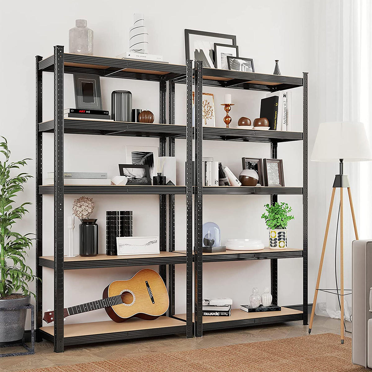 REGAL im Industrial-Stil mit 5 Ebenen, umwandelbar in einen Schreibtisch - L90 x H180 cm - Schwarz, Holzwerkstoff (40/180/90cm) - Calicosy