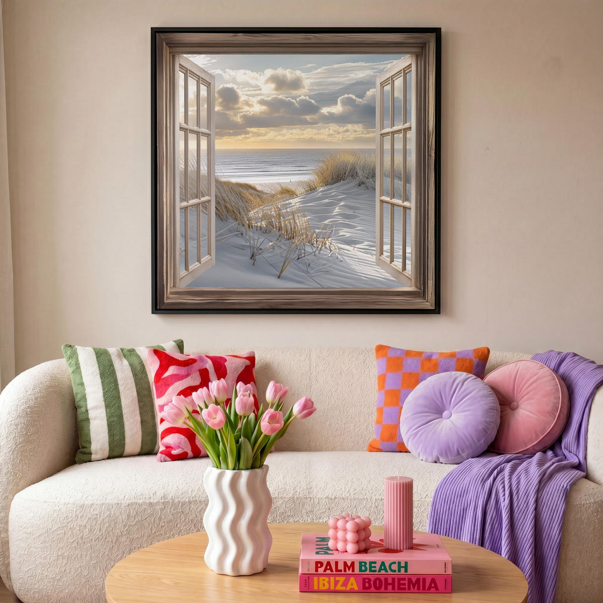 LEINWAND Bilder mit Rahmen - Ausblick - Strand - Dünen - Meer - Natur - 90x90 - Sandfarben, Textil (90/90cm) - MuchoWow