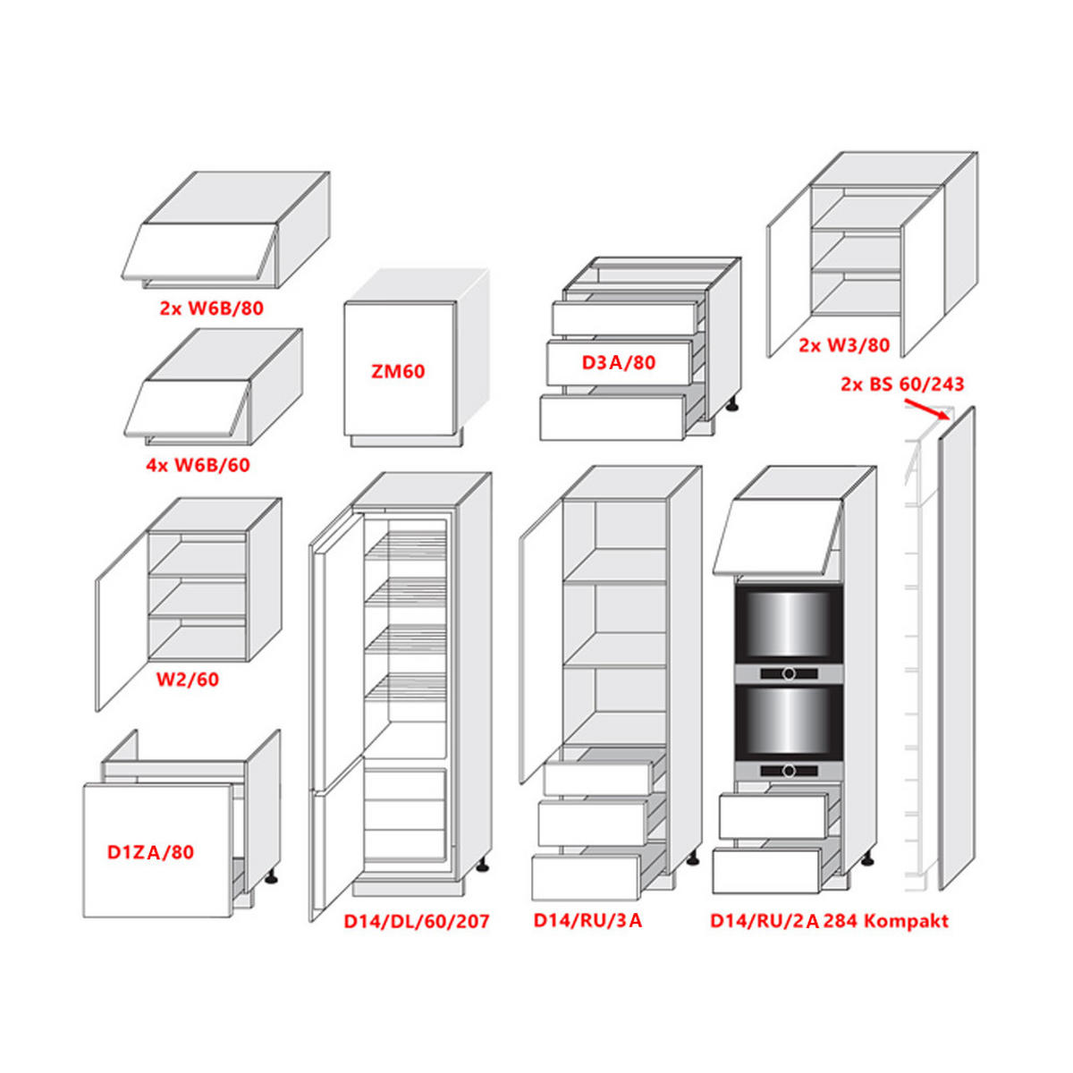 KÜCHENLEERBLOCK Bonn eiche artisan matt / schwarz matt 404 / 60 / 243cm 15-teilig - Schwarz/Braun, Holzwerkstoff/Metall (404/243/60cm) - Feldmann-Wohnen