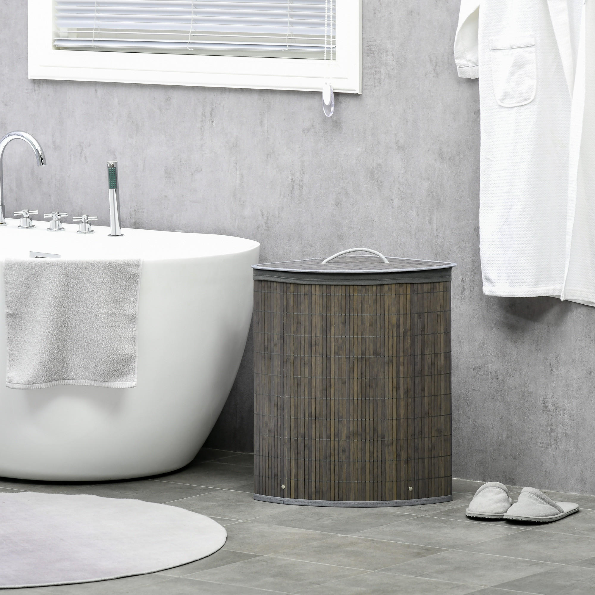 WÄSCHEKORB mit Deckel 55L, Bambus, Grau - Grau, Naturmaterialien (38/57/38cm) - HOMCOM