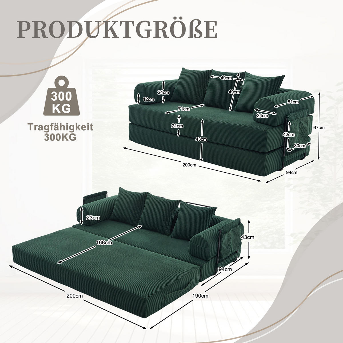 SCHLAFSOFA, Modulares Tagesbett mit Metallgestell, Klappbares Bodensofa Cordstoff, Grün - Grün, Textil (94/67/200cm) - LVHOM