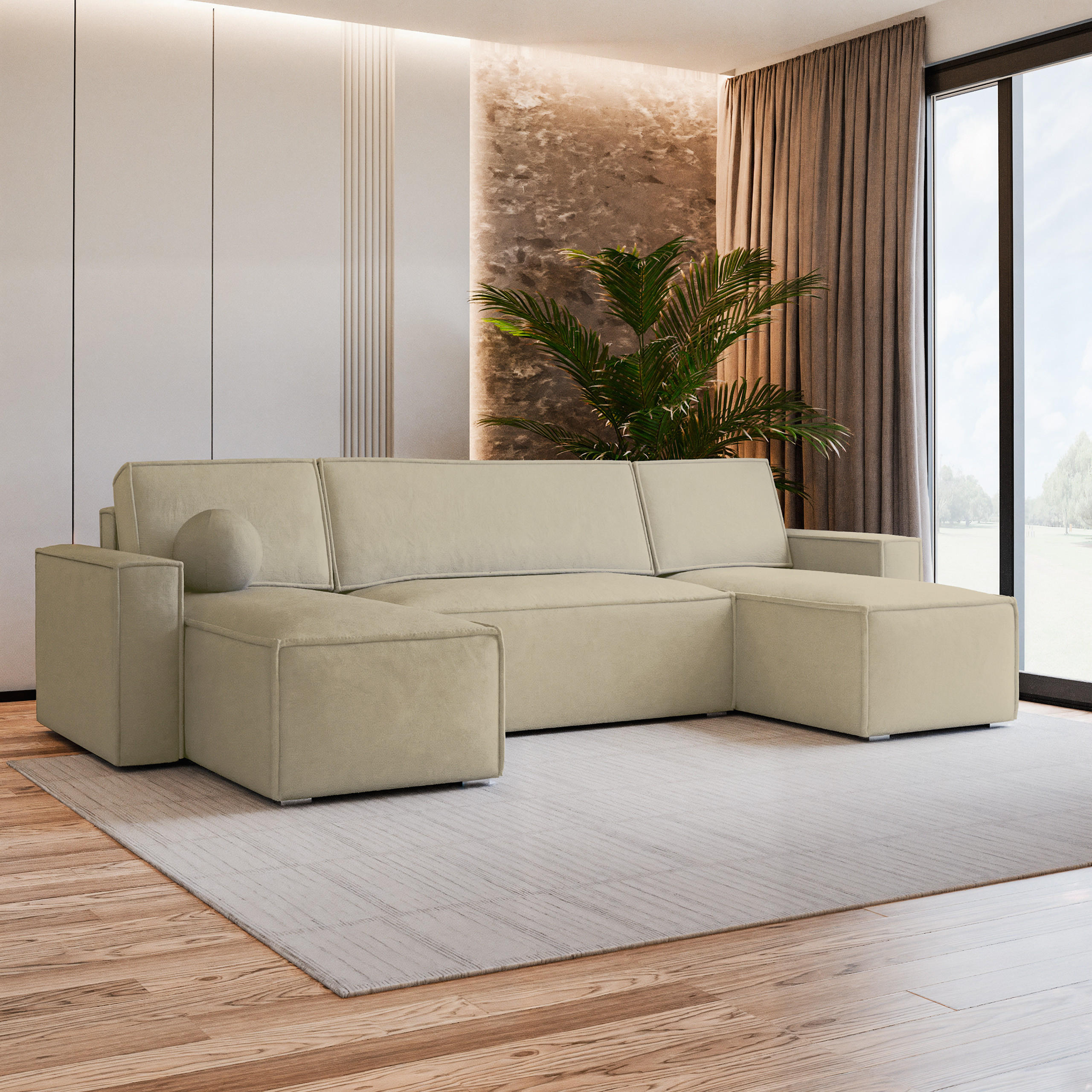 WOHNLANDSCHAFT PESANO M Creme Velours-Stoff mit Schlaffunktion - Creme, Holz (306/85/140cm) - MASSENO