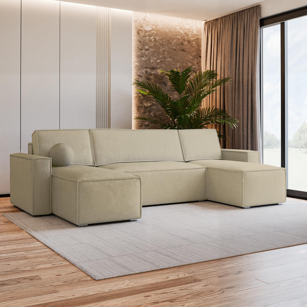 WOHNLANDSCHAFT PESANO M Creme Velours-Stoff mit Schlaffunktion - Creme, Holz (306/85/140cm) - MASSENO