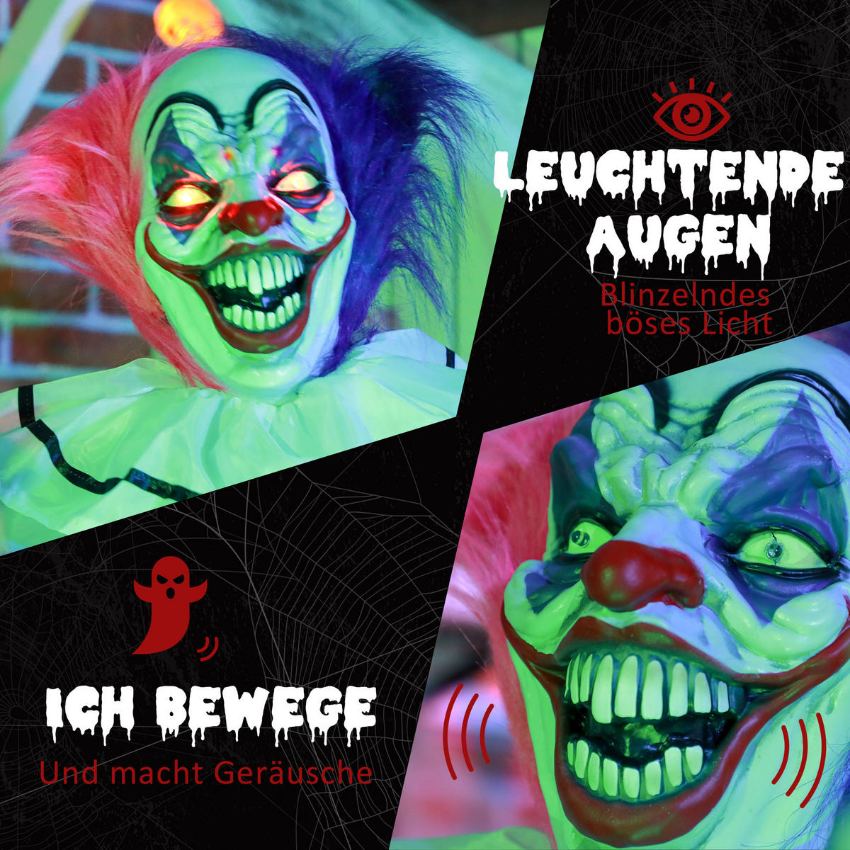 HALLOWEEN-DEKORATION Grusel-Clown 173 cm mit LED-Lichter, Soundfunktion - Multicolor, Textil (18/173/60cm) - HOMCOM