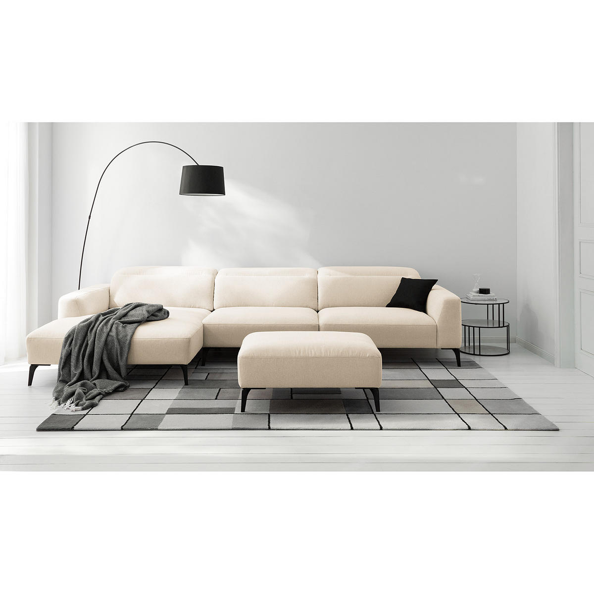 ECKSOFA mit Longchair - Beige/Schwarz, Textil/Metall (328/180cm) - home24