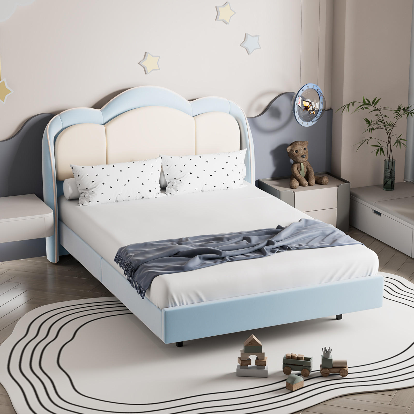 KINDERBETT 140×200 cm, LED-Musiklampe, schwebendes Design, Kopfteil in Wolkenform, bett Blau - Blau, Metall (140/215cm) - HOMAVO