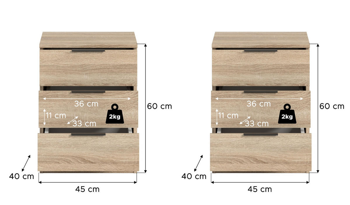 NACHTTISCH 2er Set Eiche Sonoma 45 x 60 cm, Nachtkommode in Komforthöhe - Eichefarben/Schwarz, Holzwerkstoff/Kunststoff (45/60/40cm) - Inn.Furn