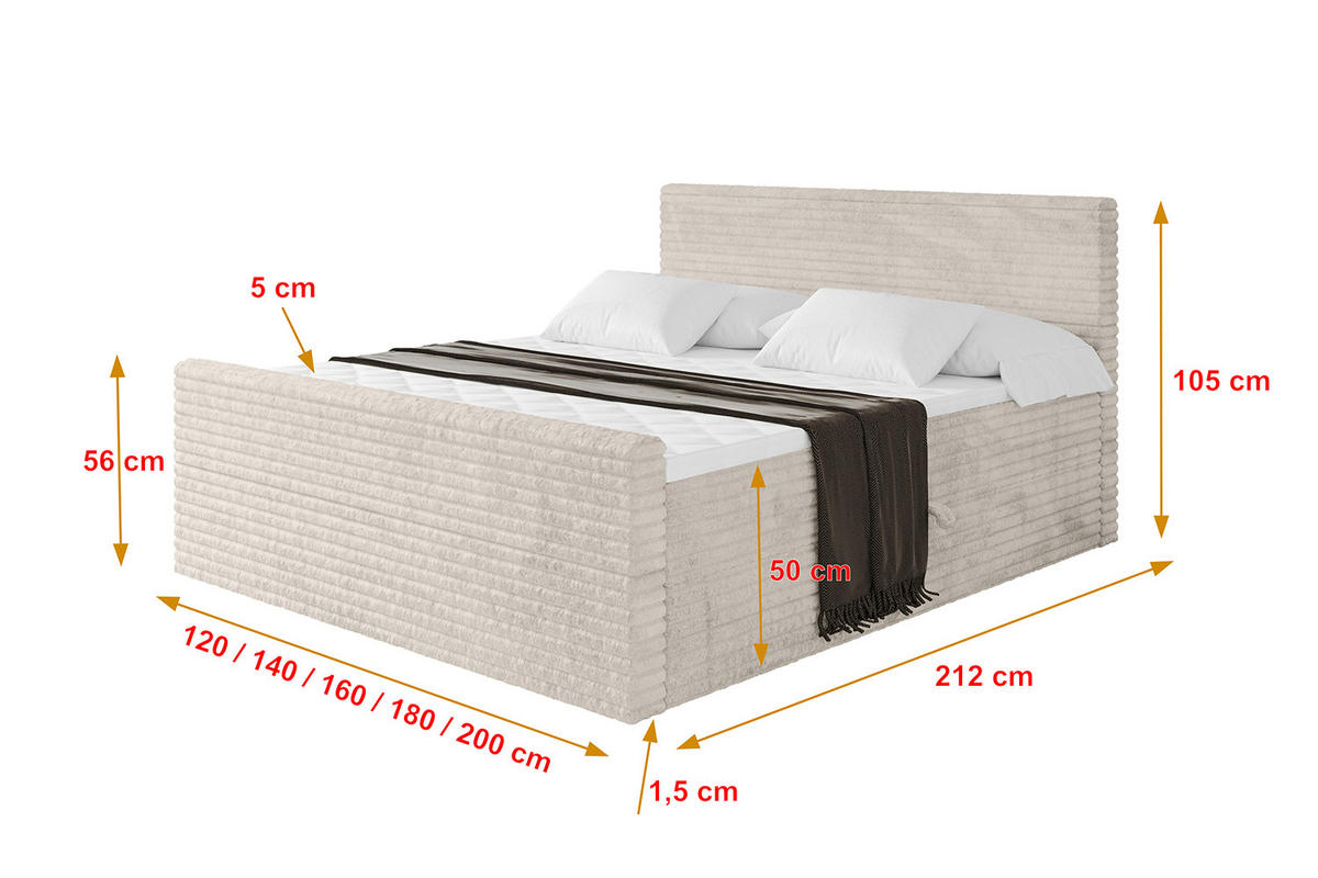 BOXBETT mit Matratze H4 und Lattenrost - TOLO-Z-v1 - 120x200 Cord - Creme - Creme, Holzwerkstoff (120/200cm)