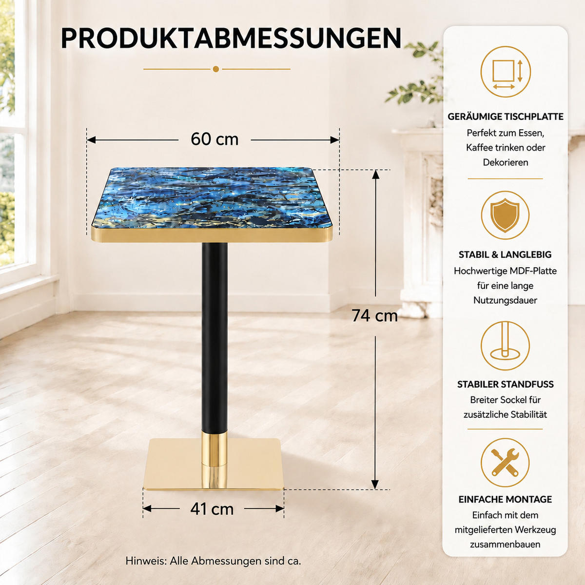 BARTISCH 60/60/74 cm mit Marmor-Optik DE-40022 Blau - Blau, Metall (60/60/74cm) - ComfortXL