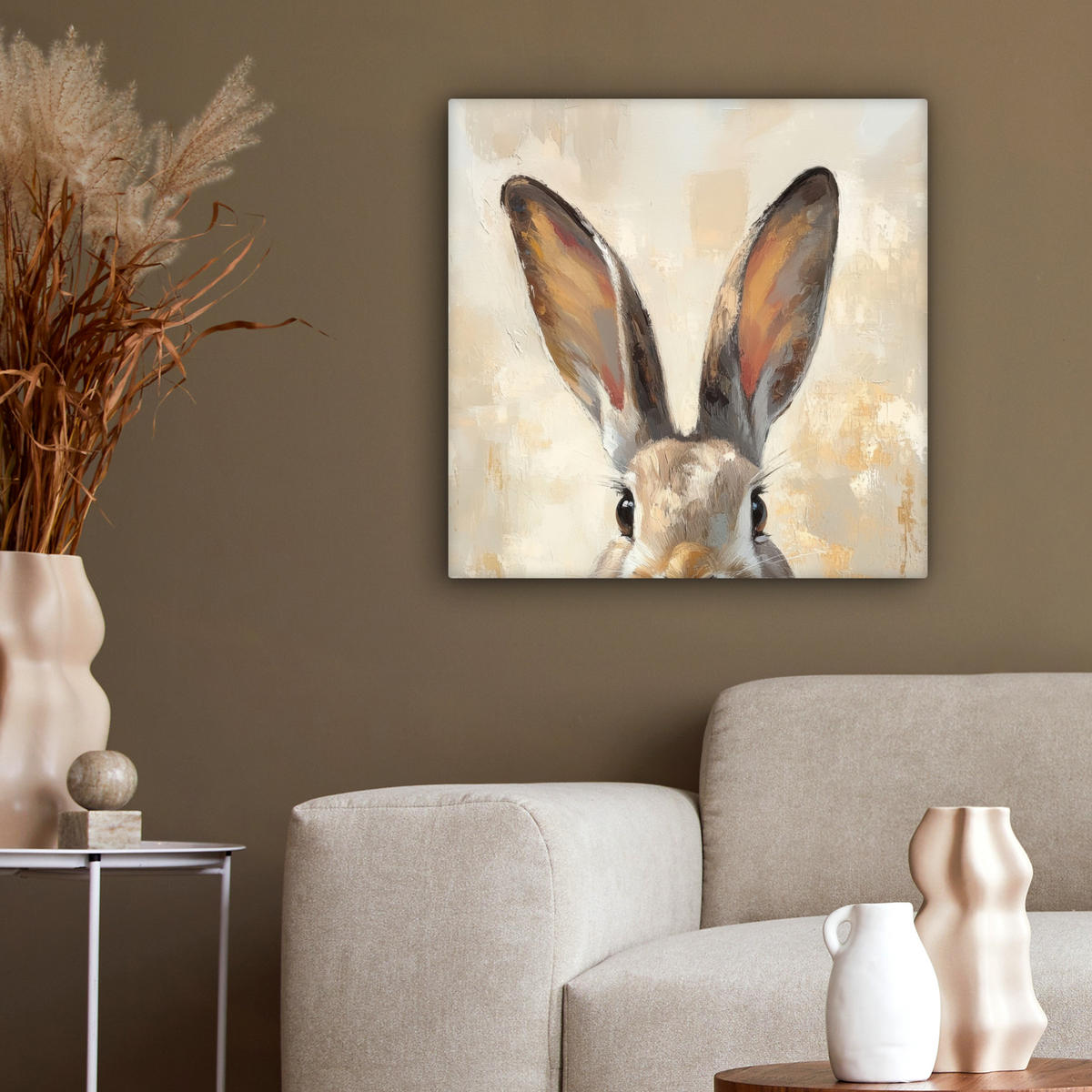 LEINWANDBILD Hase - Ohren - Braun Wandbild Wohnzimmer 50x50 cm - Beige, Textil (50/50cm) - MuchoWow