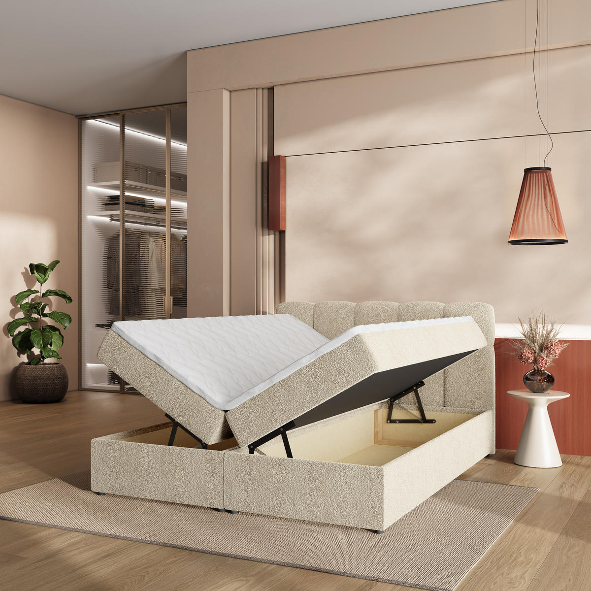 BOXBETT MERU 140x200 cm mit Matratze und Topper - Creme - Creme, Holz (140/200cm) - MASSENO