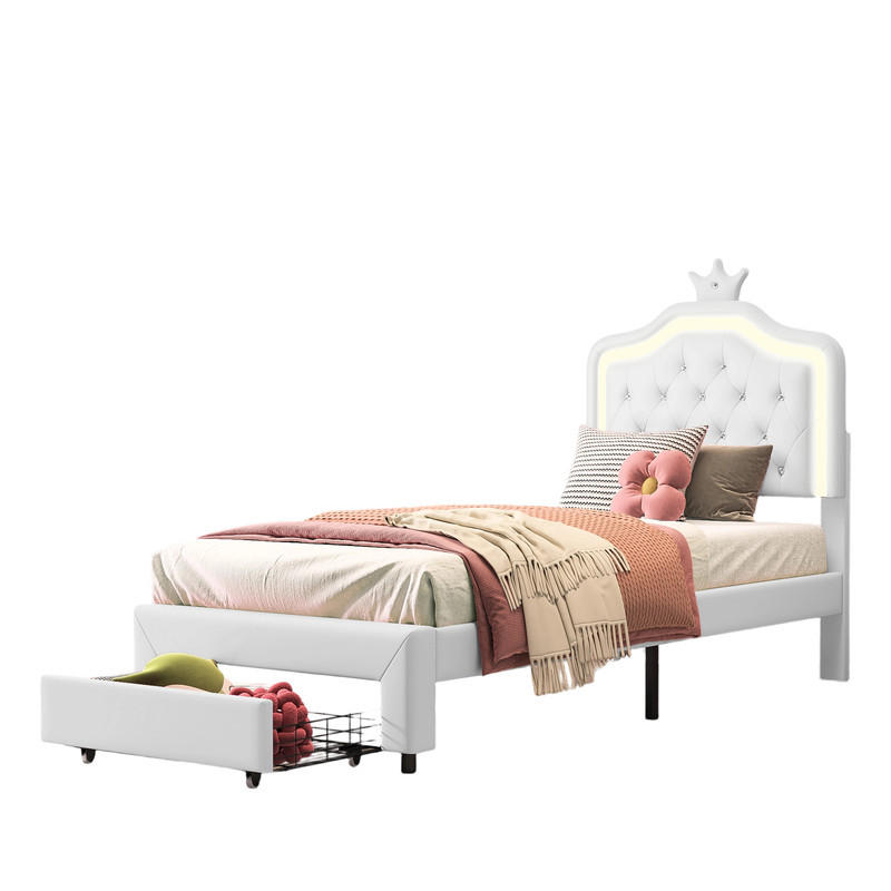 POLSTERBETT 90x200 cm Weiß PU Leder LED Kopfteil - Weiß, Holz (90/200cm) - SHOPENTRA