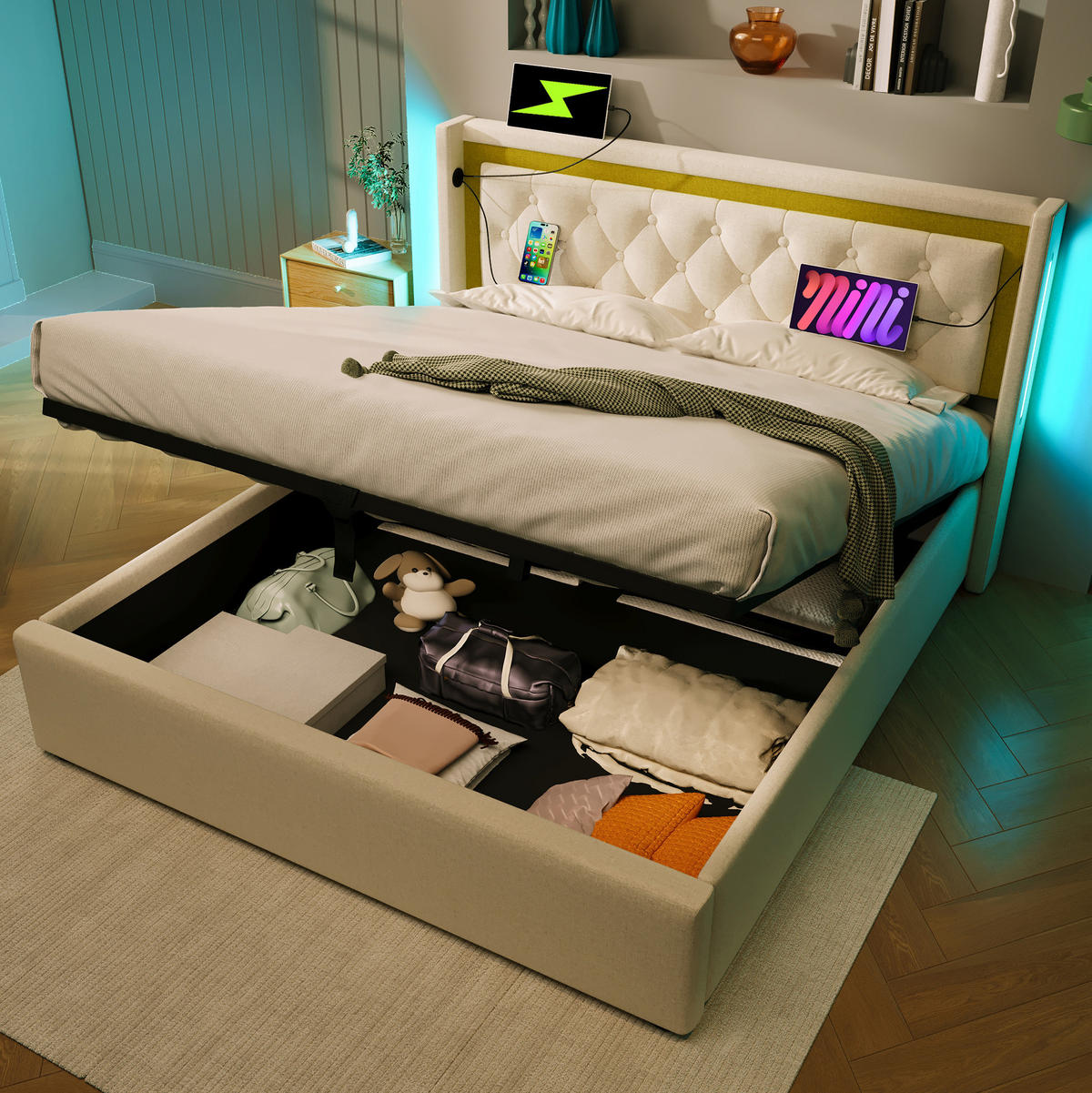 BETT mit LED, USB und Stauraum 140x200 cm Beige - Beige, Metall (140/200cm) - Meubliv