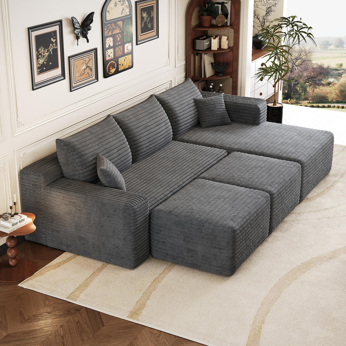 WOHNLANDSCHAFT Cord Dunkelgrau ohne Montage - Grau, Textil (241/58/151cm) - WISHDOR