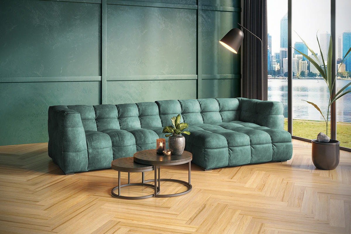 ECKSOFA RIO Petrol Velvet - Petrol/Schwarz, Textil (319/170cm) - KAWOLA
