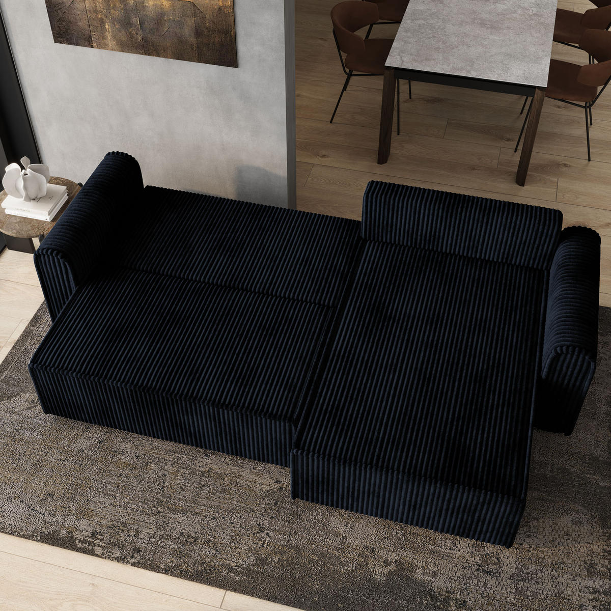 ECKSOFA VALTINO Schwarz Kordstoff mit Schlaffunktion - Schwarz, Holz (275/148cm) - MASSENO