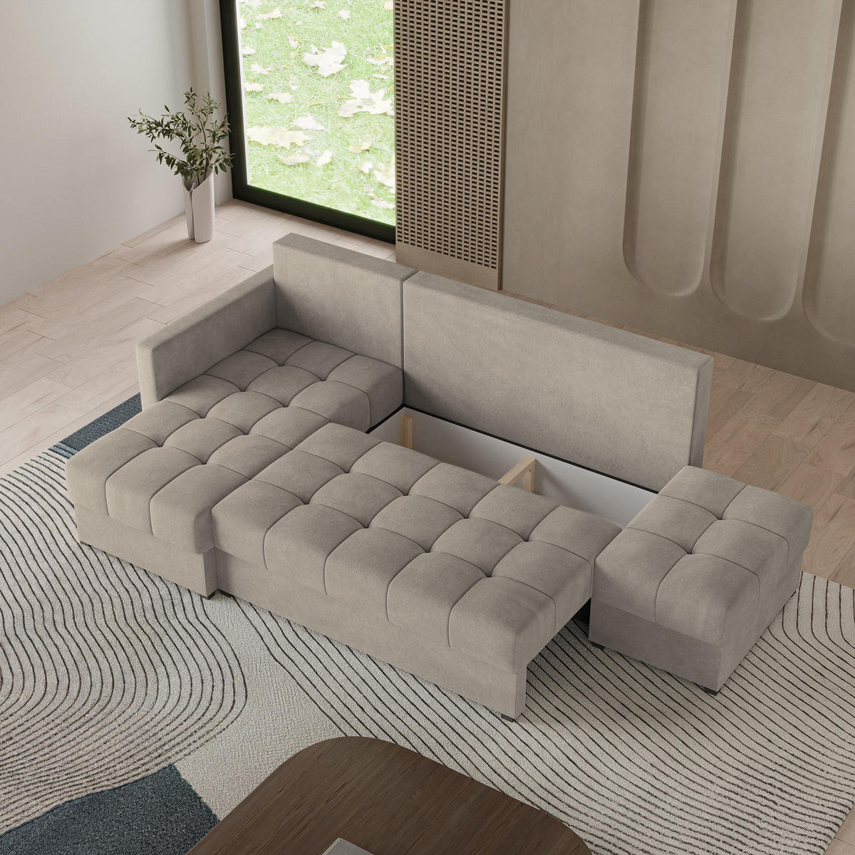 ECKSOFA LUMARI L-S Beige Plüsch-Stoff mit Schlaffunktion - Beige, Holz (262/143cm) - MASSENO