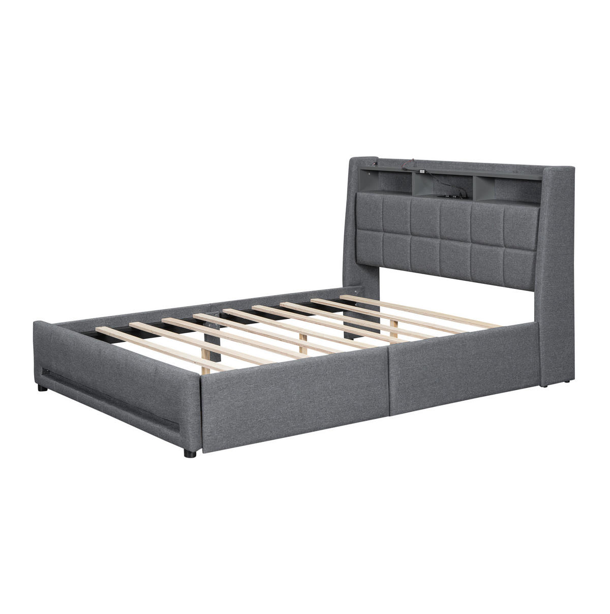 POLSTERBETT aus Leinen und MDF 140x200 cm Grau mit LED-Beleuchtung, USB-Anschluss und Schubladen - Grau, Textil (140/200cm) - IVMEU