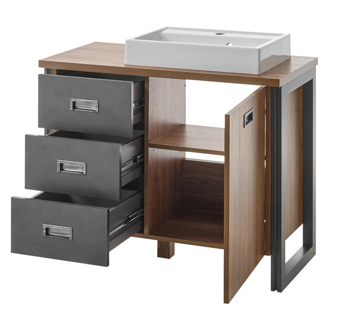 BADMÖBEL-SET 3-teilig Eiche Stirling, Matera grau, Badkombination MIT Waschbecken 91 x 205 cm - Eichefarben/Grau, Holzwerkstoff (91/205/40cm)