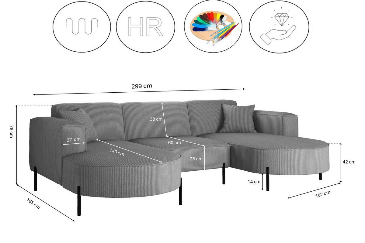 ECKSOFA Designer Modena U Rein stoff Poso Silber - Silberfarben, Holz (165/299cm) - Kaiser Möbel