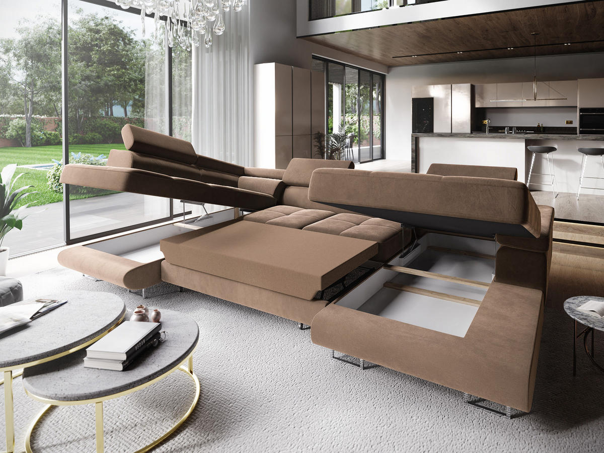 WOHNLANDSCHAFT CASONE L-S Beige Velours-Stoff mit Schlaffunktion - Beige, Holz (345/90/202cm) - MASSENO